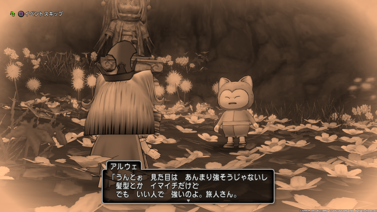 DQ10のスクリーンショット。アルウェ「うんとお　見た目はあんまり強そうじゃないし　髪型とか　イマイチだけど　でもいい人で強いのよ。旅人さん。