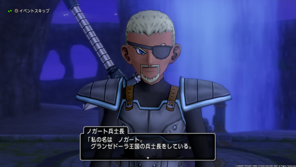 DQ10のスクリーンショット。ノガート兵士長「私の名は　ノガート。グランゼドーラ王国の兵士長をしている。