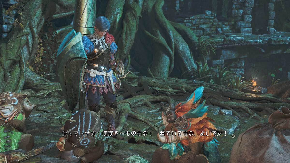 MHWildsのスクリーンショット。シャマトサカ「ほほう…ものもの！　着ているもの、よいです！」
